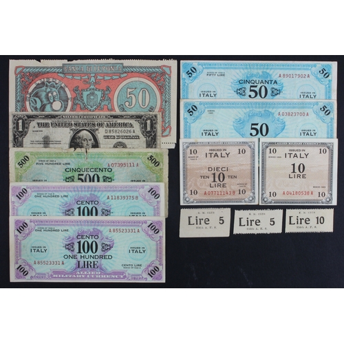 899 - Italy (12), Allied Military Currency 10 Lire (2) series 1943 and 1943A (PickM13b & 19b), 50 Lire (2)... 