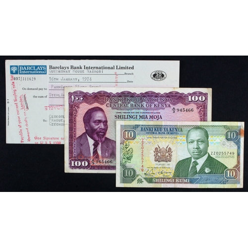 910 - Kenya (3), 100 Shillings dated 1st July 1966, first date of issue, serial A/3 945466 (BNB B105a, Pic... 