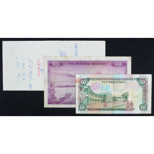 910 - Kenya (3), 100 Shillings dated 1st July 1966, first date of issue, serial A/3 945466 (BNB B105a, Pic... 