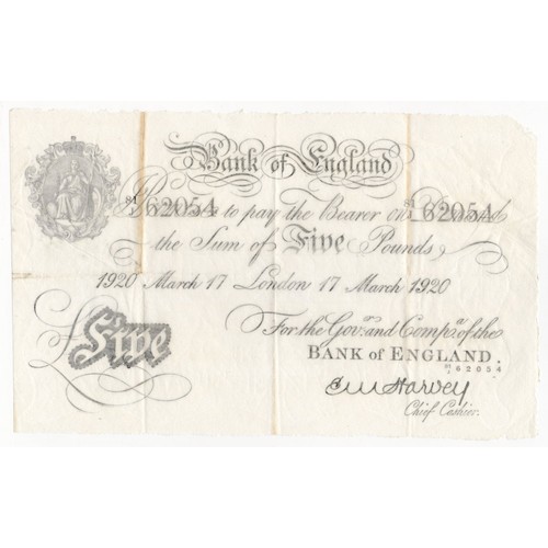 152 - Harvey 5 Pounds (B209a) dated 17th March 1920, serial 81/J 62054, London issue (B209a, Pick312a) lig... 