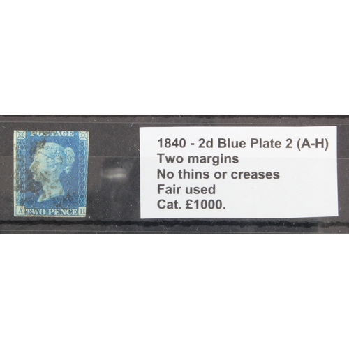 21 - GB - 1840 two pence Blue, Plate 2 (A-H) two margins, no thins or creases, fair used, cat £1000