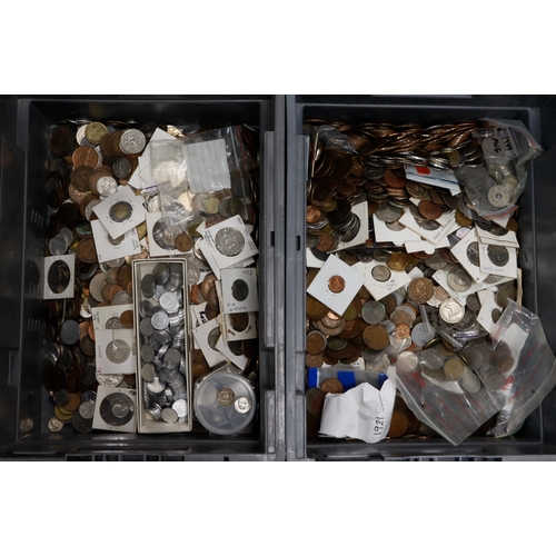 1009 - World base coins, ancient to modern, two stacker boxes of material. Heavy.