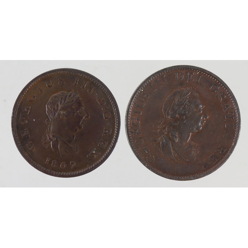 104 - Halfpennies (2): 1799 5 incuse gunports EF, and 1807 GVF