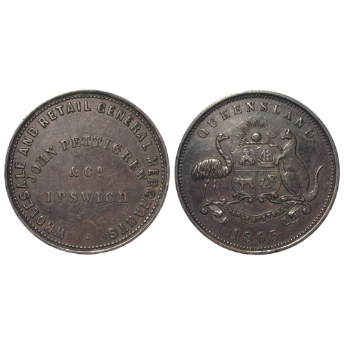 1062 - Australian Token: Ipswich (Queensland!) John Pettigrew Penny 1865, KM# Tn196, scarce, VF+.