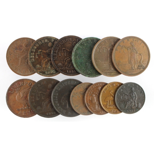 1070 - Australian Tokens (13): KM# Tn6 VF; Tn53 GF marks; Tn72 VG; Tn104 1857 VF; Tn104 1858 VF; Tn134 (Bri... 