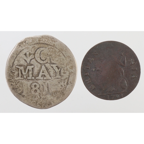 1097 - British Exonumia (2): Evasion Farthing: GEORGE II REN / BRITANNIA 1791, Atkins #455 (I think the dat... 