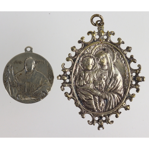 1116 - Catholic religious medals (2) white metal, one 45x55mm engraved and dated on the back 1796, VF, and ... 