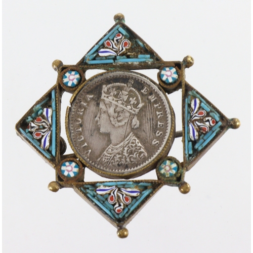 1118 - Coin Brooch: Queen Victoria, India silver 2-Annas mounted in an enamelled gilt bronze brooch 32mm, s... 