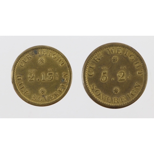 1120 - Coin Weights (2) Royal Mint Sovereign 1842 weight and Half Sovereign 1821 weight, EF, with a paper c... 