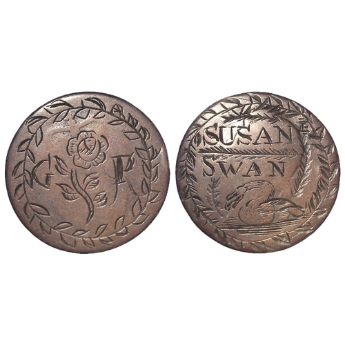 1131 - Engraved Coin: Georgian Halfpenny smoothed and engraved: 'G P' beside rose / 'SUSAN SWAN' over swan.