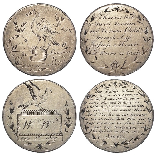 1132 - Engraved Coins (2) silver shilling-size flans: 1) Water fowl by a pond 'To his Daughter July 4th 180... 