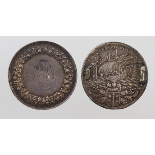 1135 - European silver medals (2) 33mm: French marriage medal, edge engraved 'J.P.M. POUJOL C. BERNOUVILLE ... 