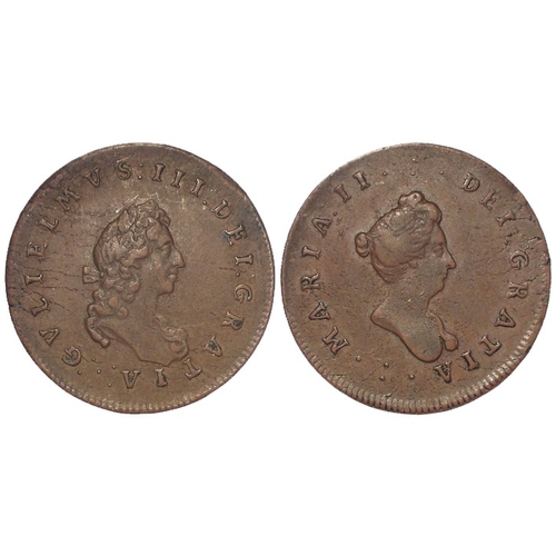 115 - Halfpenny c.1689 pattern or medalet of William & Mary, portraits either side, copper d.28mm, 9.30g. ... 