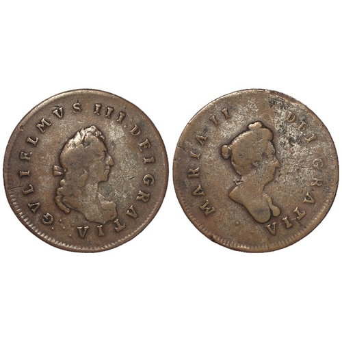 116 - Halfpenny c.1689 pattern or medalet of William & Mary, portraits either side, copper with trace silv... 