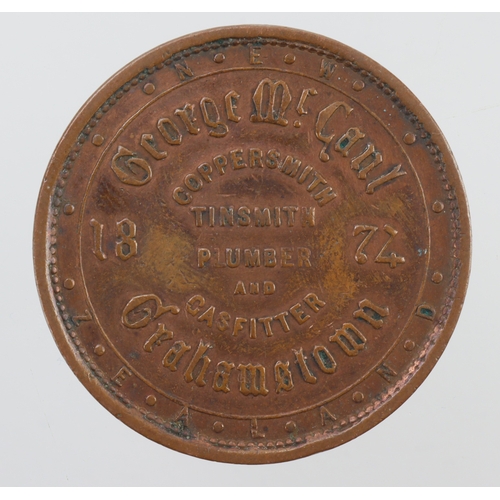 1163 - New Zealand Token: George McCaul, Grahamstown Penny 1874. KM# Tn44. Lightly cleaned VF.