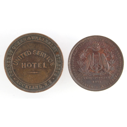 1165 - New Zealand Tokens (2): KM# Tn48: Milner & Thompson Maori Penny 1881 EF; and Tn67: United Service Ho... 