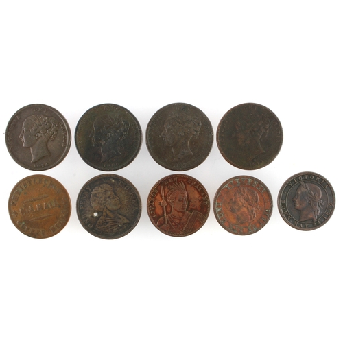 1166 - New Zealand Tokens (9) assortment of 19thC Pennies, mixed grade, one holed.