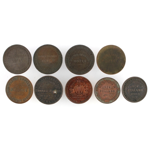 1166 - New Zealand Tokens (9) assortment of 19thC Pennies, mixed grade, one holed.