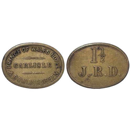 1172 - Pub Check: Prince of Wales Hotel & Bowling Green, Carlisle, 1½d, J.R.D. Oval brass 27x20mm. AVF.