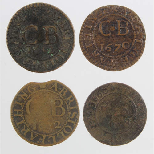 1189 - Tokens, 17thC (4) town/city Farthings of Bristol x2, Bath, and Marlborough Wilts; VG-F.