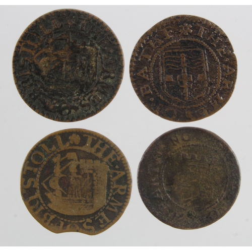 1189 - Tokens, 17thC (4) town/city Farthings of Bristol x2, Bath, and Marlborough Wilts; VG-F.