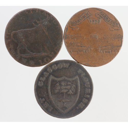 1191 - Tokens, 18thC (3) copper Halfpennies: Pidcock's Exhibition elephant / two-headed bull, nF/VG; Glasgo... 