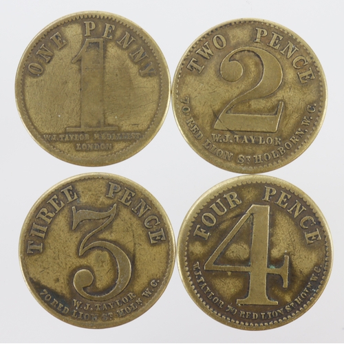 1193 - Tokens, 19thC (4) brass checks 1, 2, 3, and 4 pence for 'F. SMITH', manufactured by W.J. Taylor, F-V... 