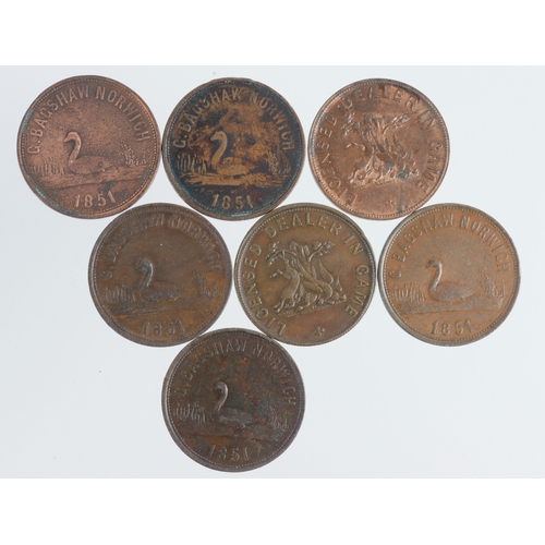 1194 - Tokens, 19thC (7) unofficial Farthings of Norwich: T. Parker x2, and G. Bagshaw x5; F to EF.