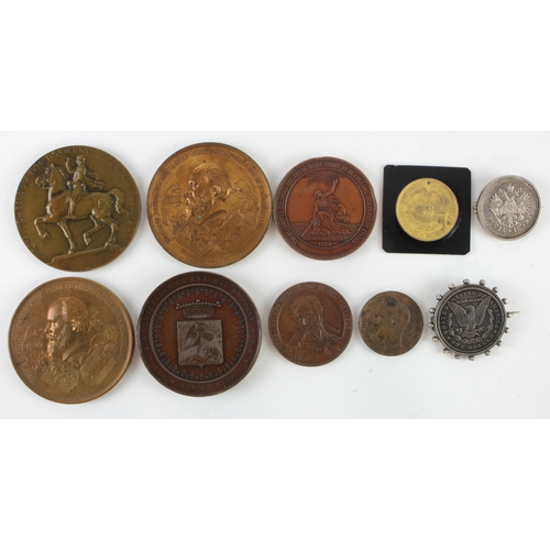 1206 - World medals and exonumia (10) including silver Rouble 1899 coin brooch; silver Dollar 1884 coin bro... 