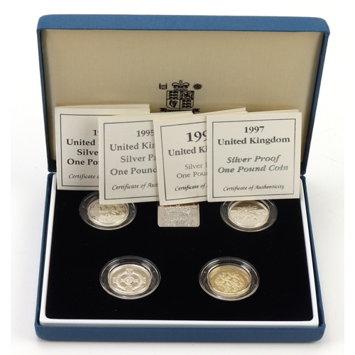 132 - One Pound Silver Proof Four Coin Set 1994-1997, aFDC cased with certs.