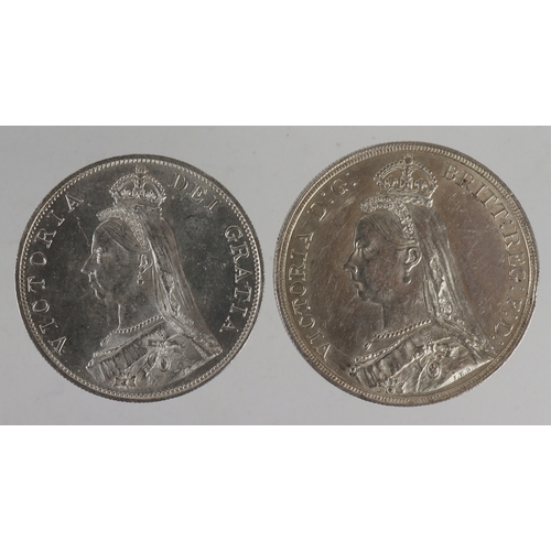 164 - Queen Victoria Jubilee head silver (2): Crown 1889 EF hairlines, edge knock, and Double-Florin 1887 ... 