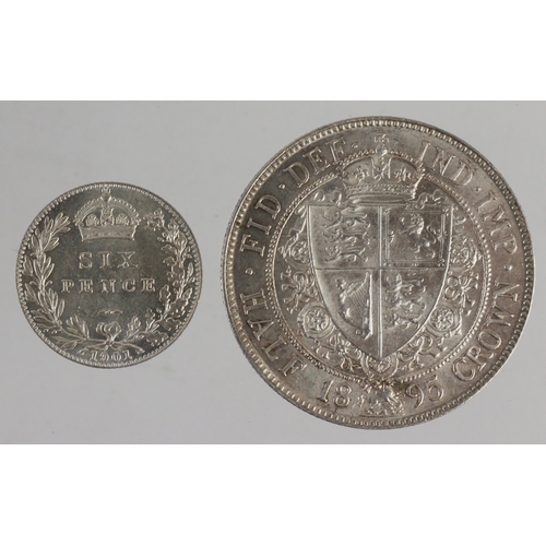 165 - Queen Victoria veiled head silver (2): Halfcrown 1895 EF light scratches, and Sixpence 1901 AU.