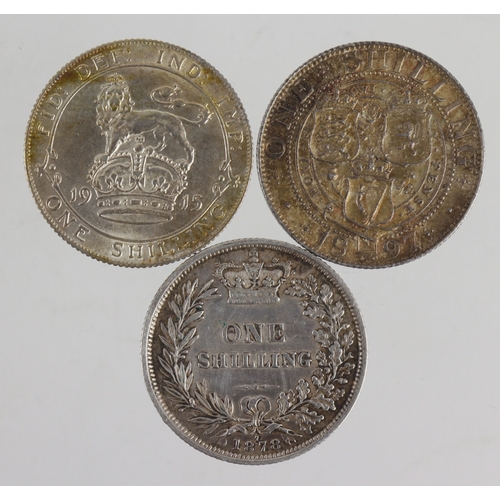 172 - Shillings (3): 1878 dn7 VF, 1897 nEF, and 1915 EF.