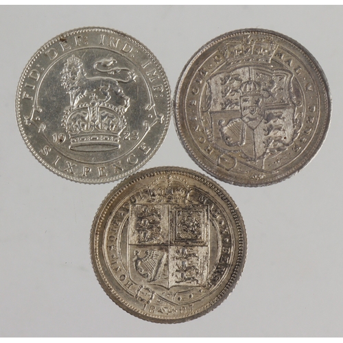 192 - Sixpences (3): 1819 EF, 1887 Jubilee garter EF, and 1923 GVF.