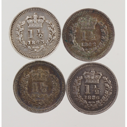 195 - Threehalfpences (4): 1836 VF-GVF, 1842 GVF, 1843 VF, and 1862 EF.