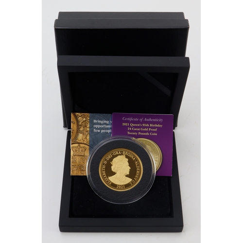 202 - Alderney 71.3g 24ct gold proof £20 coin 2021: The Queen's 95th Birthday. FDC in a Hattons case with ... 