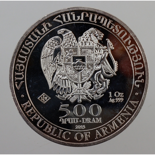 204 - Armenia 1oz pure silver Noah's Ark 500 Dram 2013, lightly toned UNC.