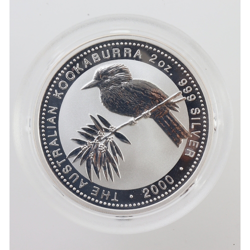 208 - Australia 2oz .999 pure silver Kookaburra 2000, lightly toned UNC.