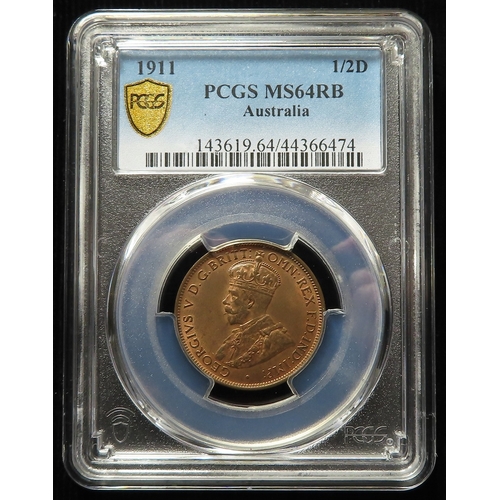 213 - Australia Halfpenny 1911 slabbed PCGS MS64RB, books AU$350 in UNC, Renniks 2023.