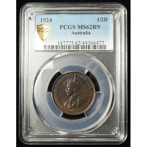 214 - Australia Halfpenny 1924 slabbed PCGS MS62BN (our grade EF) books AU$450 in EF, Renniks 2023.