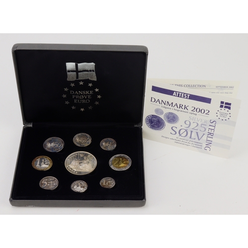 231 - Demark fantasy pattern Euro set 2002 in silver, toned AU cased with cert.