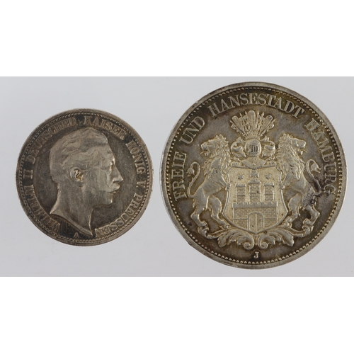 235 - German States silver (2): Hamburg 5 Mark 1875J, KM# 598, EF, along with Prussia 2 Mark 1903A, KM# 52... 