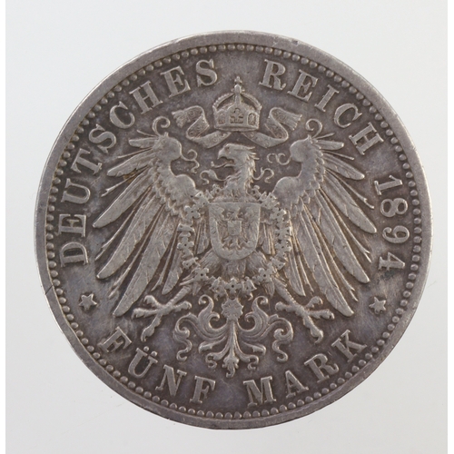 237 - German States, Baden silver 5 Mark 1894G, GVF