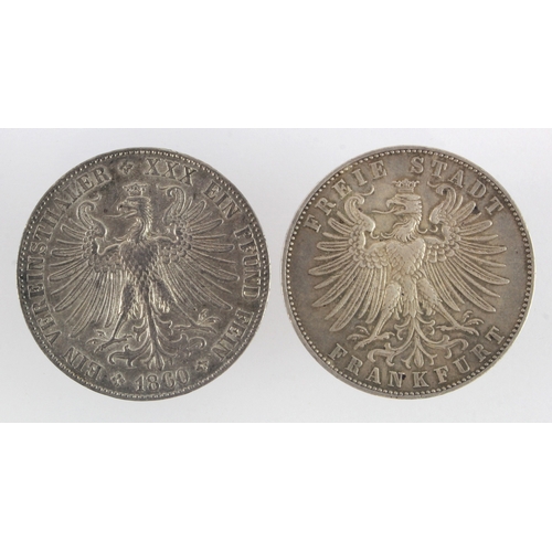 240 - German States, Frankfurt (2) silver Thalers: 1860 KM# 360, GVF, and 1862 KM# 371, VF.