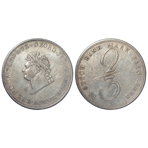 243 - German States, Hannover, George IV (of England) silver 2/3 Thaler 1828B, KM# 142, cleaned VF, scratc... 