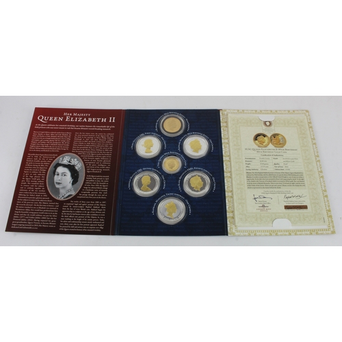 254 - Gibraltar, a set of 7 commemorative coins including a 10g 9ct gold proof 'Double Crown': H.M. Queen ... 