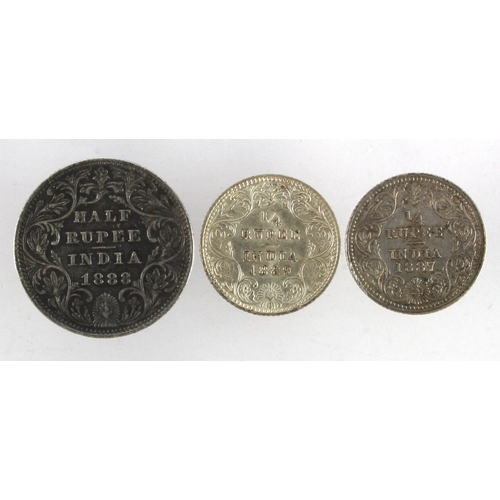 260 - India, British Raj silver minors (3): Half Rupee 1888 VF-GVF; Quarter Rupee 1887 EF, and Quarter Rup... 