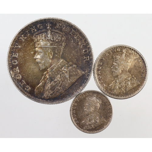 261 - India, George V silver (3): Rupee 1919, 1/4 Rupee 1918, and Two Annas 1916; iridescent toned EF.