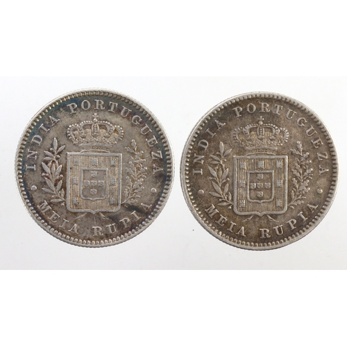 263 - India, Portuguese Goa (2) silver 1/2 Rupees 1881, VF