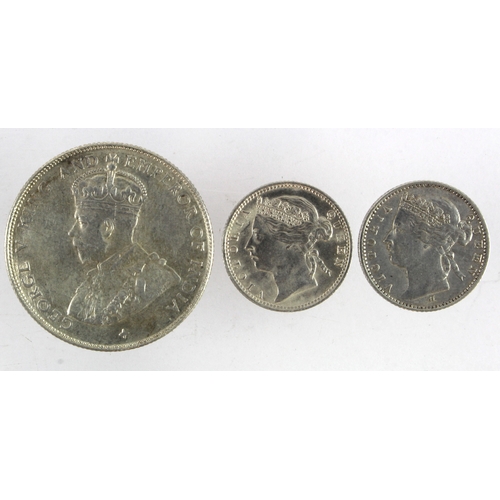 278 - Malaysia, Straits Settlements (3) silver: 10 Cents 1882H EF, 10 Cents 1901 AU, and 50 Cents 1921 EF.